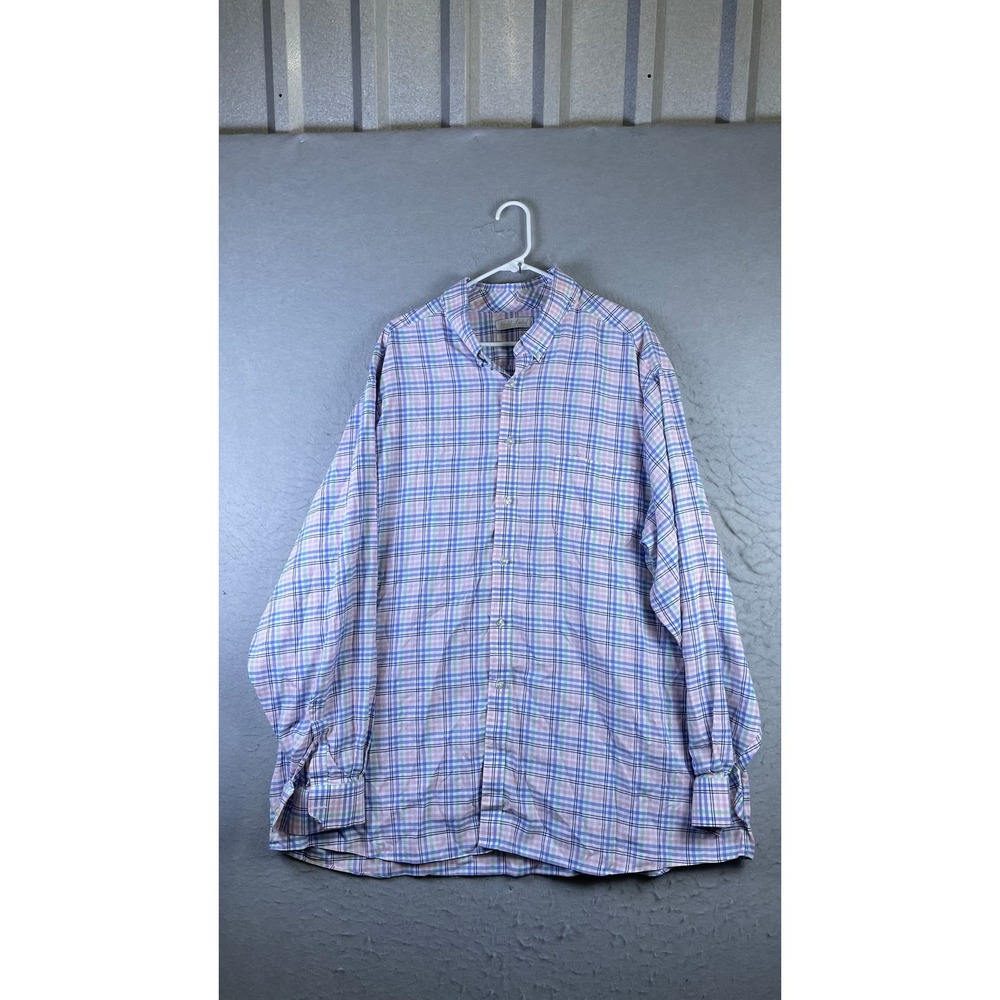 Gold Label Roundtree & Yorke Shirt Mens 3XT Blue Plaid Linen Blend Excellent